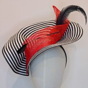 Red and Black Striped Wide-Brim Headpiece Fascinator